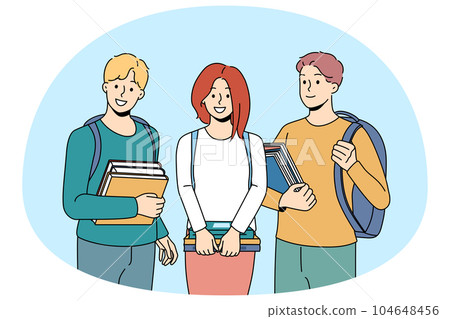 Smiling students with backpacks and books Smiling students with backpacks and books 104648456