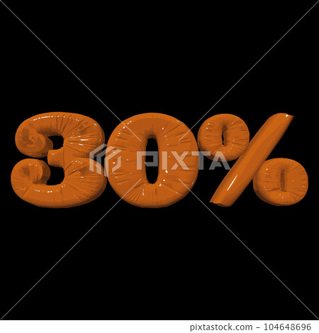 Inflated plastic square illustration of volumetric glossy deformed 3D render of orange number 30 percent on black background. Balloon metallic number. Beautiful volumetric number for advertising 104648696
