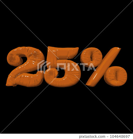 Inflated plastic square illustration of volumetric glossy deformed 3D render of orange number 25 percent on black background. Balloon metallic number. Beautiful volumetric number for advertising 104648697