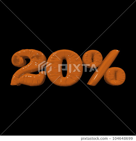 Inflated plastic square illustration of volumetric glossy deformed 3D render of orange number 20 percent on black background. Balloon metallic number. Beautiful volumetric number for advertising 104648699