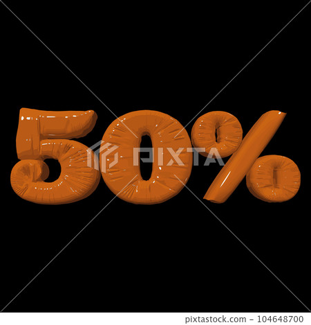 Inflated plastic square illustration of volumetric glossy deformed 3D render of orange number 50 percent on black background. Balloon metallic number. Beautiful volumetric number for advertising 104648700
