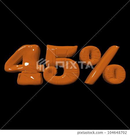 Inflated plastic square illustration of volumetric glossy deformed 3D render of orange number 45 percent on black background. Balloon metallic number. Beautiful volumetric number for advertising 104648702