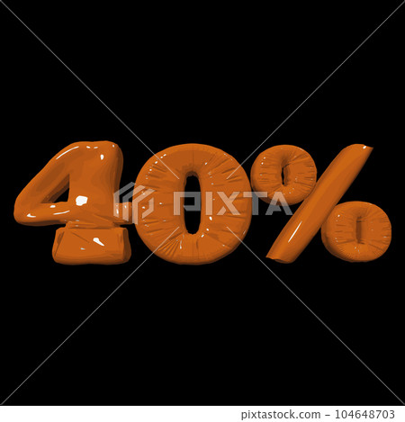 Inflated plastic square illustration of volumetric glossy deformed 3D render of orange number 40 percent on black background. Balloon metallic number. Beautiful volumetric number for advertising 104648703