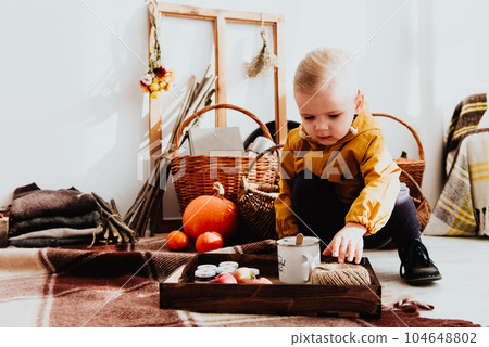 Cool trendy hipster boy 2 years old wears yellow jacket posing at the decorated photozone of autumn decor with beautiful bright autumn leaves. Cool trendy hipster boy 2 years old wears yellow jacket posing at the decorated photozone of autumn decor with beautiful bright autumn leaves. 104648802