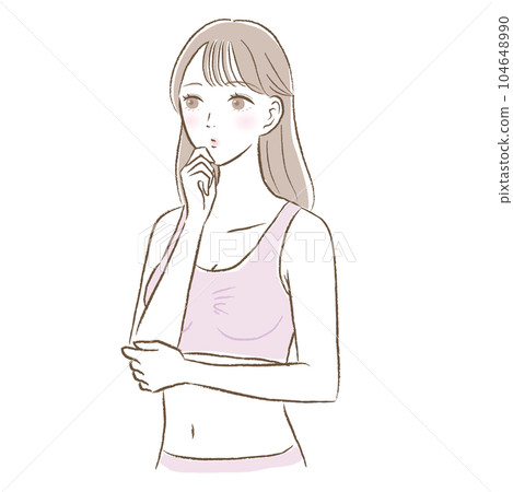 Illustration of a young woman in a thinking pose wearing a night bra/wireless bra 104648990