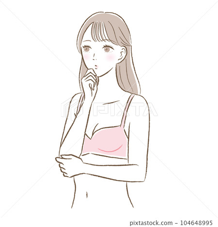 一位年輕女子穿著粉色胸罩思考姿勢的插圖 104648995