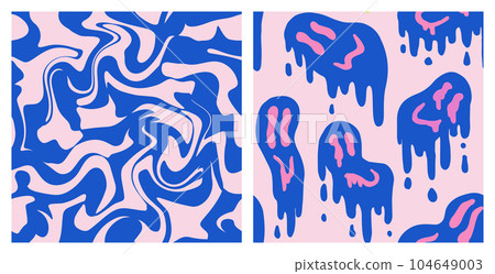 1970 Fluid Smile and Wavy Swirl Pattern Pack in Blue and Pink Color. Seventies Style, Trippy Psychedelic Print, Wallpaper. Flat Design, Hippie Aesthetic. Hand-Drawn Vector Illustration. 1970 Fluid Smile and Wavy Swirl Pattern Pack in Blue and Pink Color. Seventies Style, Trippy Psychedelic Print, Wallpaper. Flat Design, Hippie Aesthetic. Hand-Drawn Vector Illustration. 104649003