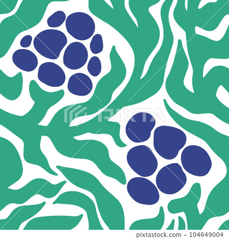 Matisse Aesthetic Berry Seamless Pattern. Abstract Doodle Curves Leaves and Berries in Naive Hippie 1970 style. Groovy Floral Vector Art in Green and Blue Colors for T-Shirts, Wallpaper, Case Phone. Matisse Aesthetic Berry Seamless Pattern. Abstract Doodle Curves Leaves and Berries in Naive Hippie 1970 style. Groovy Floral Vector Art in Green and Blue Colors for T-Shirts, Wallpaper, Case Phone. 104649004