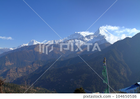 Annapurna mountain range from Ghorepani village along the Annapurna trekking course in the Himalayas, Nepal in South Asia 104650586