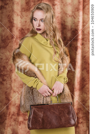 glamorous portrait of a beautiful young woman in a fur vest holding a bag glamorous portrait of a beautiful young woman in a fur vest holding a bag 104650909