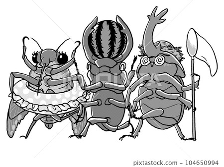 一幅單色插圖，描繪了一隻戴著漂浮物的蟬、一隻嘴裡叼著西瓜的鍬蟲和一隻拿著蝴蝶網的甲蟲。 104650994