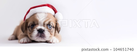 Cute little puppy in santa claus hat, light background copy space. New Year, holiday concept. Template for a postcard Cute little puppy in santa claus hat, light background copy space. New Year, holiday concept. Template for a postcard 104651740