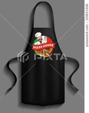 Aprons with pizzeria logos. Clothes for working and cooking in kitchen of pizza restaurant 104651886