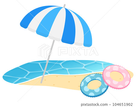 海灘遮陽傘和漂浮在海灘藍色 海灘遮陽傘和漂浮在海灘藍色 104651902