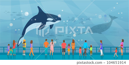 People watching underwater scenery with large whales in oceanarium. Aquarium with killer whale People watching underwater scenery with large whales in oceanarium. Aquarium with killer whale 104651914