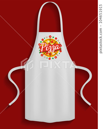 Aprons with pizzeria logos. Clothes for working and cooking in kitchen of pizza restaurant Aprons with pizzeria logos. Clothes for working and cooking in kitchen of pizza restaurant 104651915