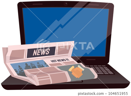 Publishing article, newspaper about business, city life, country affairs on background of laptop 104651955