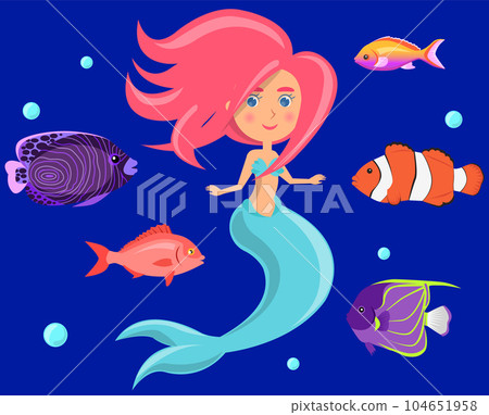 Mermaid with group of colored fish and swims in blue water. Cartoon nautical characters fingerling set Mermaid with group of colored fish and swims in blue water. Cartoon nautical characters fingerling set 104651958