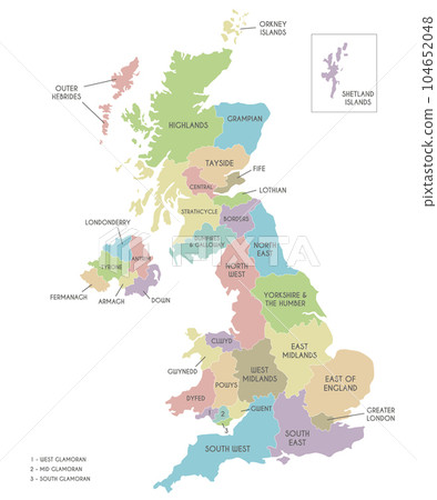 Vector map of UK with administrative divisions. Editable and clearly labeled layers. 104652048