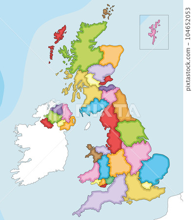 Vector illustrated blank map of UK with administrative divisions, and neighbouring countries. Editable and clearly labeled layers. Vector illustrated blank map of UK with administrative divisions, and neighbouring countries. Editable and clearly labeled layers. 104652053
