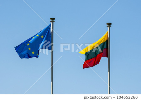 Lithuania flag waving side by side with European Union flag Lithuania flag waving side by side with European Union flag 104652260