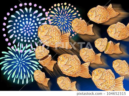 一群鯛魚燒在煙花中飛舞_夜景 一群鯛魚燒在煙花中飛舞_夜景 104652315