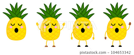 Cute kawaii style Pineapple fruit icon, eyes closed, mouth opened. Version with hands raised, down and waving. Cute kawaii style Pineapple fruit icon, eyes closed, mouth opened. Version with hands raised, down and waving. 104653342