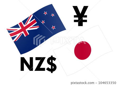 NZDJPY forex currency pair vector illustration. New Zealand and Japanese flag, with Dollar and Yen symbol. NZDJPY forex currency pair vector illustration. New Zealand and Japanese flag, with Dollar and Yen symbol. 104653350