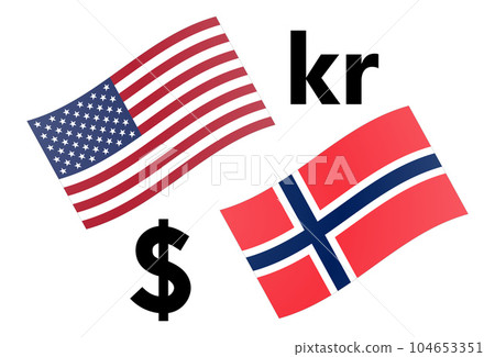 USDNOK forex currency pair vector illustration. American and Norwegian flag, with Dollar and Krone symbol. USDNOK forex currency pair vector illustration. American and Norwegian flag, with Dollar and Krone symbol. 104653351