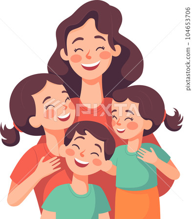 Mother with children, Mom with son and daughter, Happy Family Moments, Flat Style Cartoon Illustration. Mother's Day Concept. 104653706