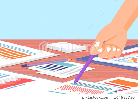 Employees analyze statistical indicators, business data. Characters work with marketing research 104653756