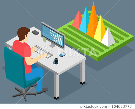 Employees analyze statistical indicators, business data. Characters work with marketing research Employees analyze statistical indicators, business data. Characters work with marketing research 104653773