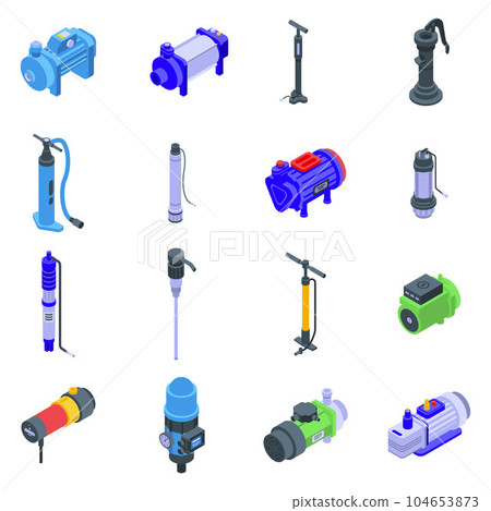 Pump icons set. Isometric set of pump vector icons for web design isolated on white background Pump icons set. Isometric set of pump vector icons for web design isolated on white background 104653873
