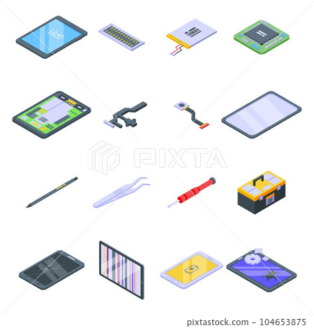 Tablet repair icons set. Isometric set of tablet repair vector icons for web design isolated on white background 104653875