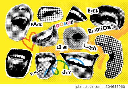 Halftone laughing lips set with grunge elements. Collage mouth collection for banner, poster, colage. Vector offset Texture elements pack 104653960