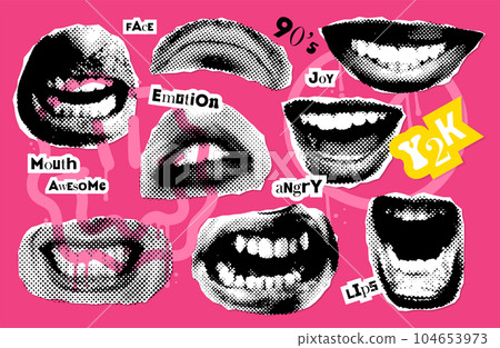 Vintege paper Collage stickers set with emotional mouths with grunge elements and piece of paper. Halftone lips for banner, graphic, poster. Vector Dotted Textured elements. Vintege paper Collage stickers set with emotional mouths with grunge elements and piece of paper. Halftone lips for banner, graphic, poster. Vector Dotted Textured elements. 104653973