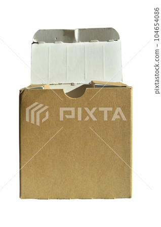 Rectangular cardboard box with open lid of corrugated cardboard isolated on white background Rectangular cardboard box with open lid of corrugated cardboard isolated on white background 104654086