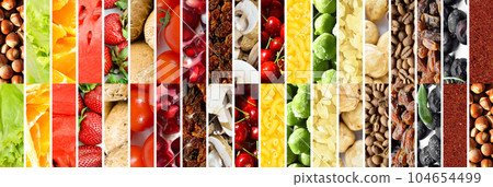 Photo collage of various raw fresh cereals, legumes, spices fruit and vegetables, website header banner 104654499