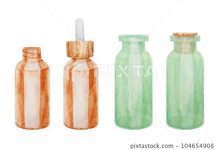 Watercolor illustration of brown glass bottle with pipette, green vial with cork stopper. Spa and bathroom accessories, elements for beauty salon and wellness center, cosmetology, massage and medicine Watercolor illustration of brown glass bottle with pipette, green vial with cork stopper. Spa and bathroom accessories, elements for beauty salon and wellness center, cosmetology, massage and medicine 104654908