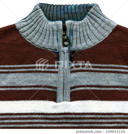 Handmade knitted cardigan fabric blue brown wool background texture and sweater with zipper 104655134