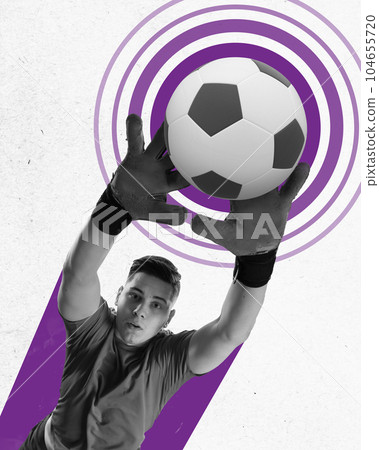 Young sportive man in sportswear playing football, soccer against abstract background. Contemporary art collage. 104655720