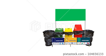 Isolated recycle bins including blue yellow red and black plastic bags at the both ends along with green copy space area above the bins, concept for recycle waste to save the earth Isolated recycle bins including blue yellow red and black plastic bags at the both ends along with green copy space area above the bins, concept for recycle waste to save the earth 104656133