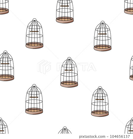 Seamless Pattern cage for a parrot or domestic birds. Vector doodle illustration of a cage for keeping birds in the house. 104656137