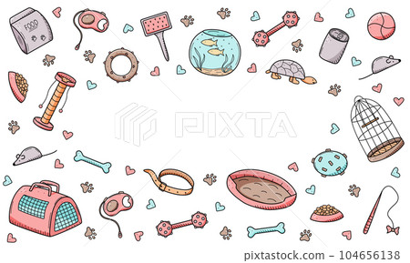 Pet store doodle, a set of icons of goods for the animal store. Vector illustration items accessories for pet dogs cats and animals. Pet store doodle, a set of icons of goods for the animal store. Vector illustration items accessories for pet dogs cats and animals. 104656138