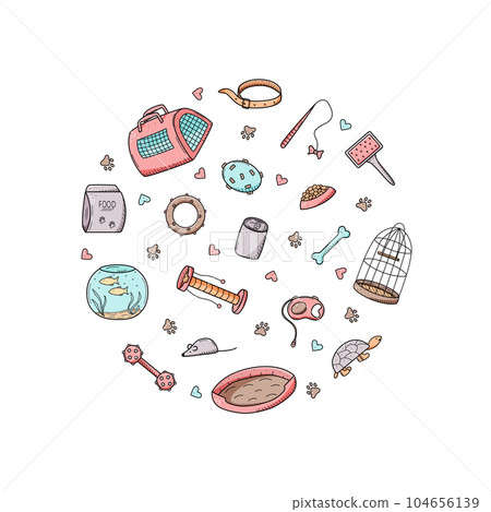 Pet store doodle, a set of icons of goods for the animal store. Vector illustration items accessories for pet dogs cats and animals. 104656139