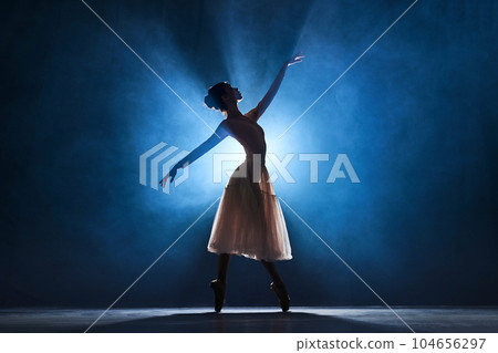 Silhouette of tender, graceful young woman, ballerina performing, dancing over dark blue background with spotlight 104656297