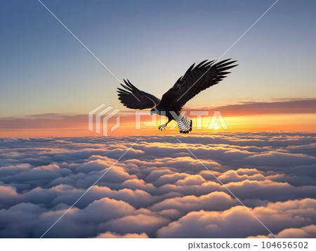 鳥兒在日出的天空中飛翔 104656502