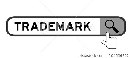 Search banner in word trademark with hand over magnifier icon on white background Search banner in word trademark with hand over magnifier icon on white background 104656702