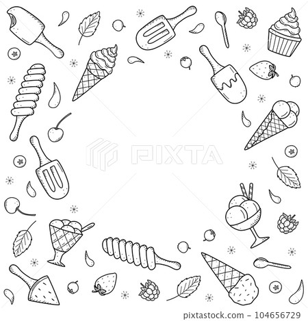 Ice cream and berries set of doodle icons. Vector illustration of summer desserts popsicles, ice cream in waffle cones, strawberry cherry raspberry mint blueberry. 104656729
