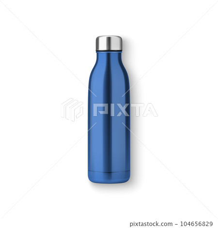 Vector Realistic 3d Blue Empty Glossy Metal Reusable Water Bottle with Silver Bung Closeup Isolated. Design template of Packaging Mockup. Front, Top View 104656829
